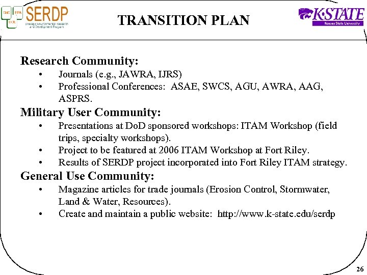 TRANSITION PLAN Research Community: • • Journals (e. g. , JAWRA, IJRS) Professional Conferences:
