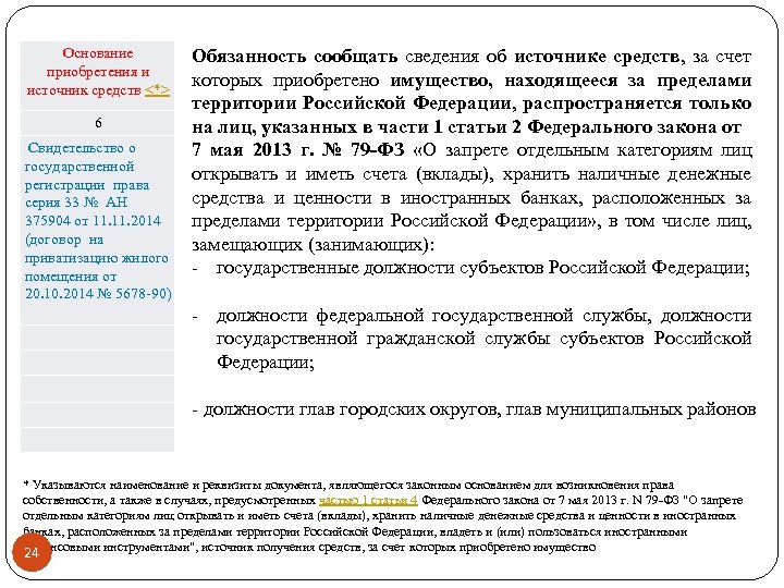 Основание приобретения и источник средств <*> 6 Свидетельство о государственной регистрации права серия 33