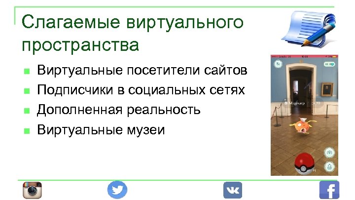 Слагаемые виртуального пространства n n Виртуальные посетители сайтов Подписчики в социальных сетях Дополненная реальность