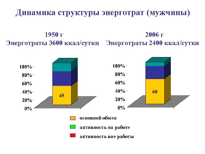 Динамика структуры энерготрат (мужчины) 1950 г 2006 г Энерготраты 3600 ккал/сутки Энерготраты 2400 ккал/сутки