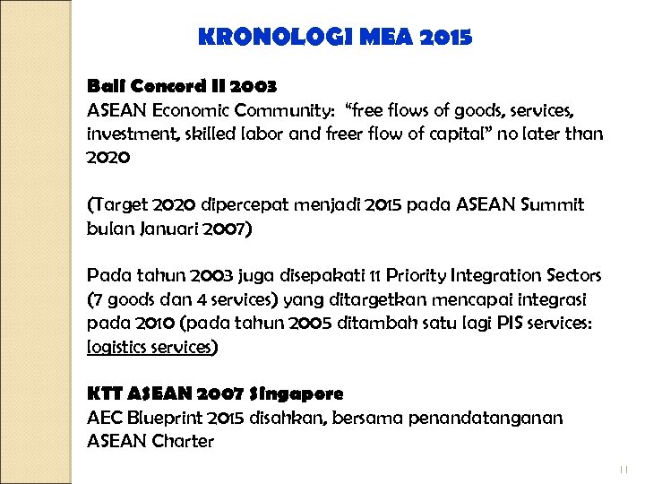 KRONOLOGI MEA 2015 Bali Concord II 2003 ASEAN Economic Community: “free flows of goods,