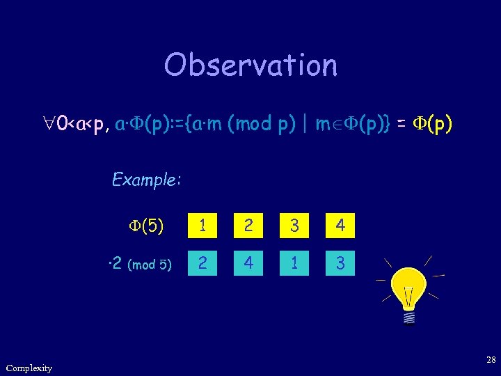 Observation 0<a<p, a· (p): ={a·m (mod p) | m (p)} = (p) Example: (5)