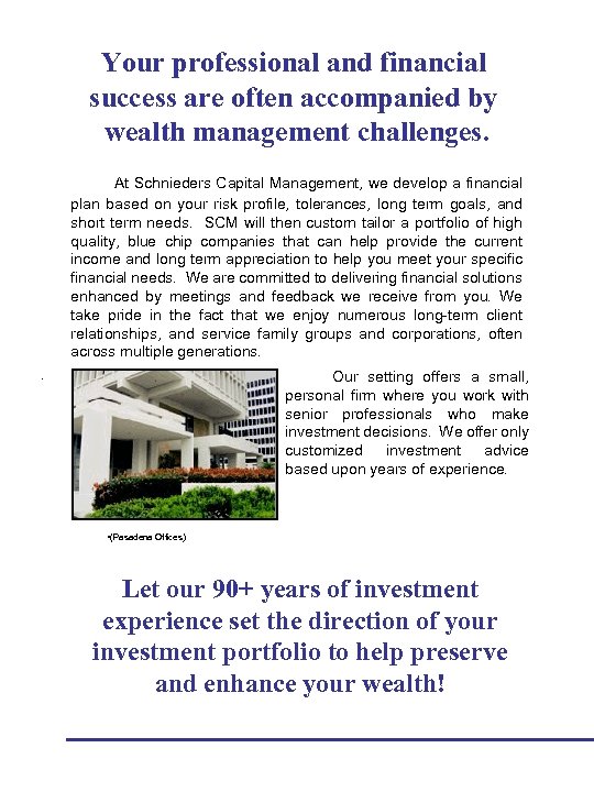 Your professional and financial success are often accompanied by wealth management challenges. At Schnieders