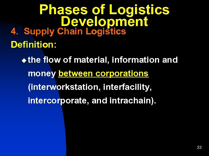 Phases of Logistics Development 4. Supply Chain Logistics Definition: u the flow of material,