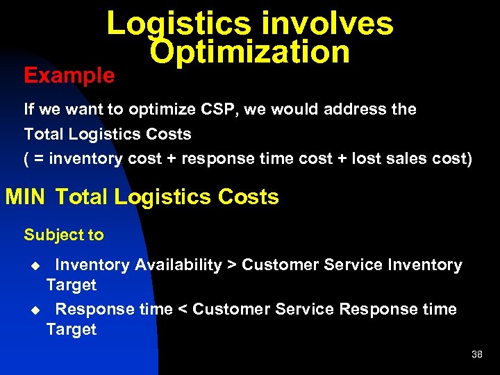 Logistics involves Optimization Example If we want to optimize CSP, we would address the
