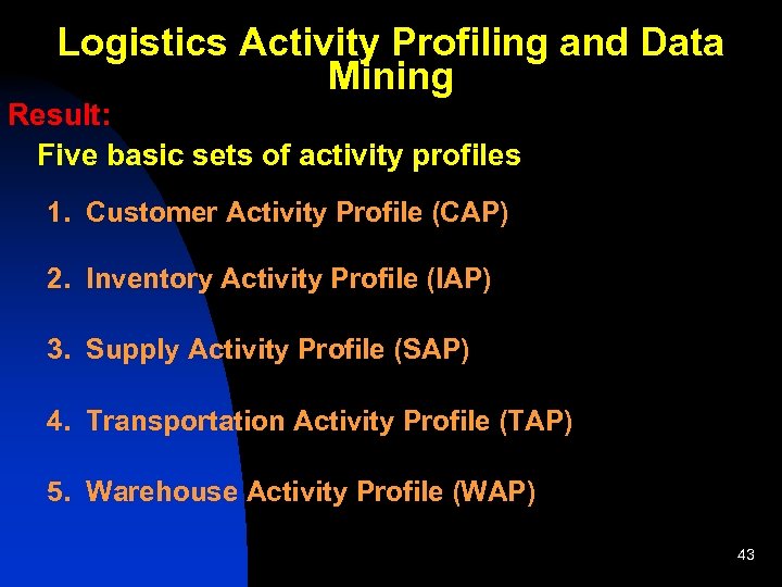 Logistics Activity Profiling and Data Mining Result: Five basic sets of activity profiles 1.