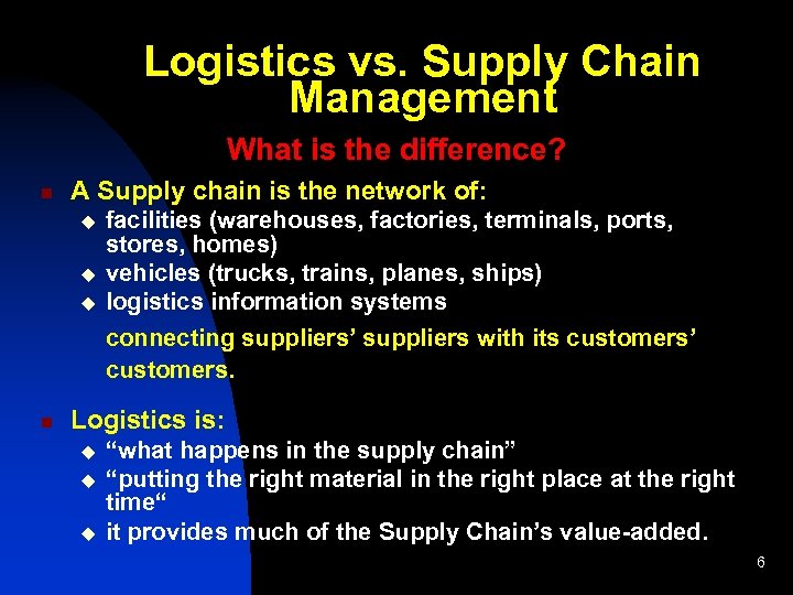 Logistics vs. Supply Chain Management n What is the difference? A Supply chain is