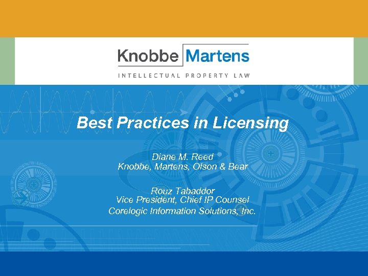Best Practices in Licensing Diane M. Reed Knobbe, Martens, Olson & Bear Rouz Tabaddor