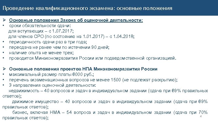 Основные изменения в нормативно-правовом регулировании оценочной Проведение деятельностиквалификационного экзамена: основные положения Ø Основные положения