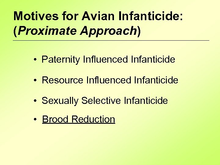 Motives for Avian Infanticide: (Proximate Approach) • Paternity Influenced Infanticide • Resource Influenced Infanticide