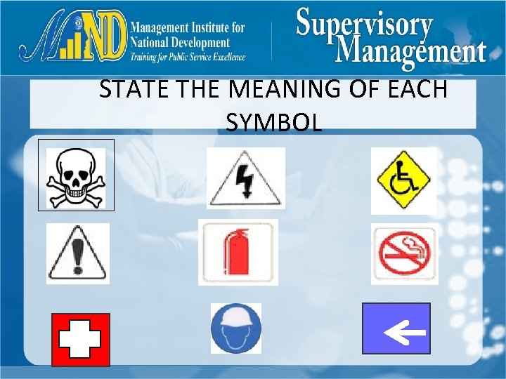 STATE THE MEANING OF EACH SYMBOL 