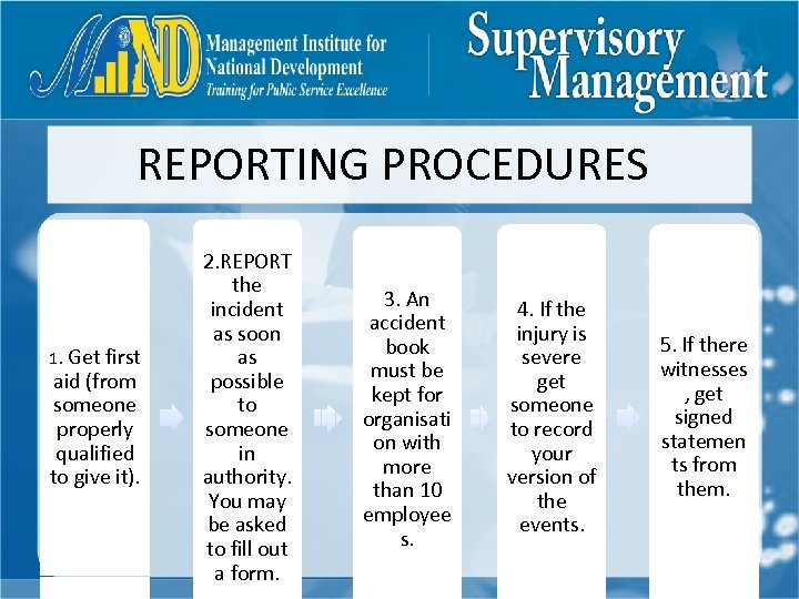 REPORTING PROCEDURES 1. Get first aid (from someone properly qualified to give it). 2.