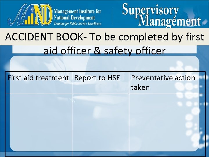 ACCIDENT BOOK- To be completed by first aid officer & safety officer First aid