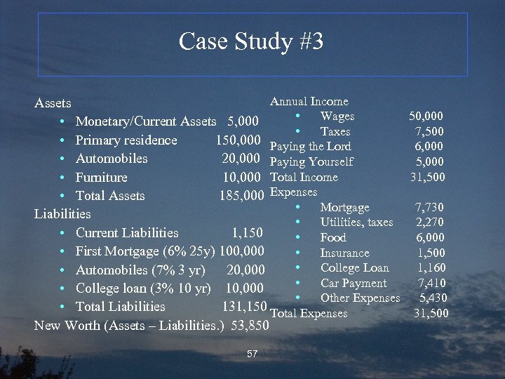 Case Study #3 Annual Income Assets • Wages 50, 000 • Monetary/Current Assets 5,