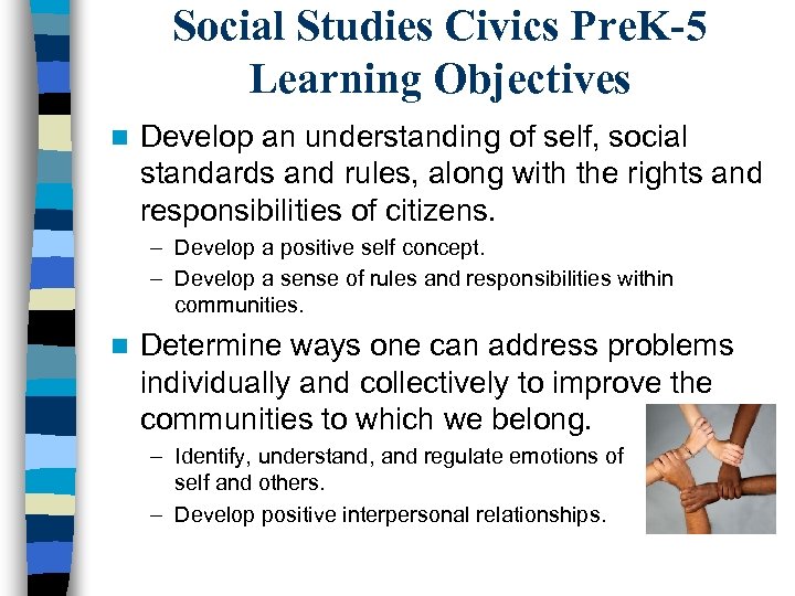 Social Studies Civics Pre. K-5 Learning Objectives n Develop an understanding of self, social