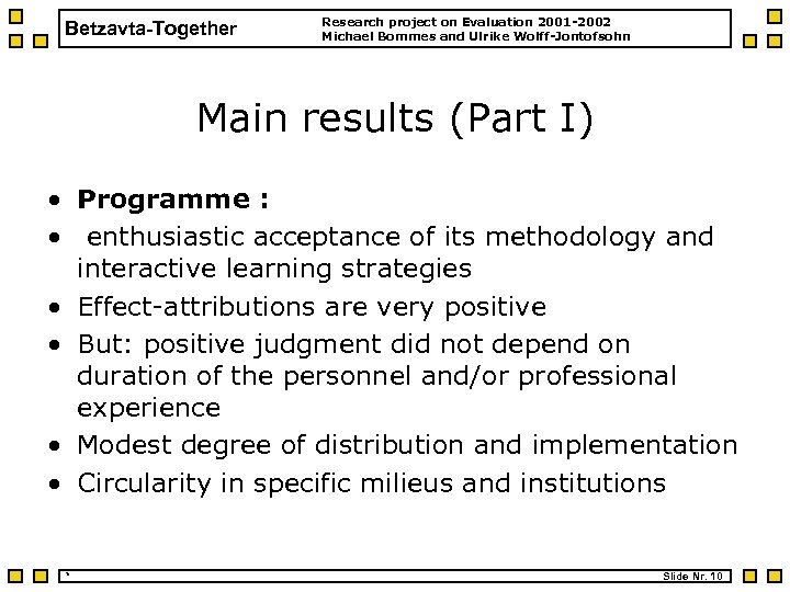Betzavta-Together Research project on Evaluation 2001 -2002 Michael Bommes and Ulrike Wolff-Jontofsohn Main results