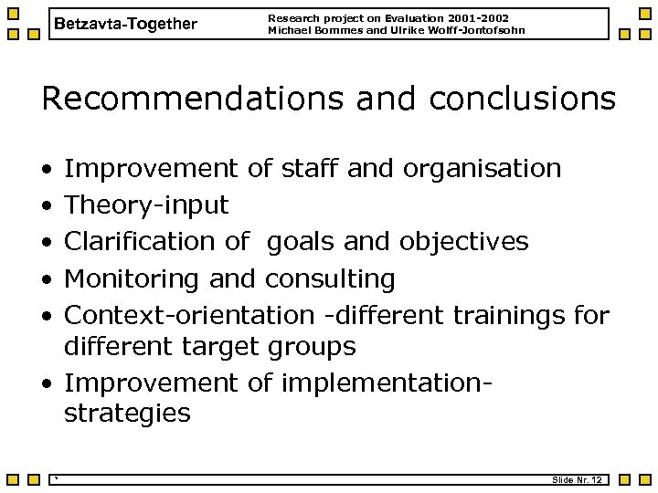 Betzavta-Together Research project on Evaluation 2001 -2002 Michael Bommes and Ulrike Wolff-Jontofsohn Recommendations and