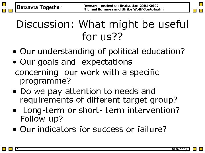 Betzavta-Together Research project on Evaluation 2001 -2002 Michael Bommes and Ulrike Wolff-Jontofsohn Discussion: What