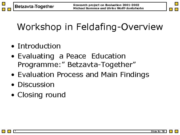 Betzavta-Together Research project on Evaluation 2001 -2002 Michael Bommes and Ulrike Wolff-Jontofsohn Workshop in