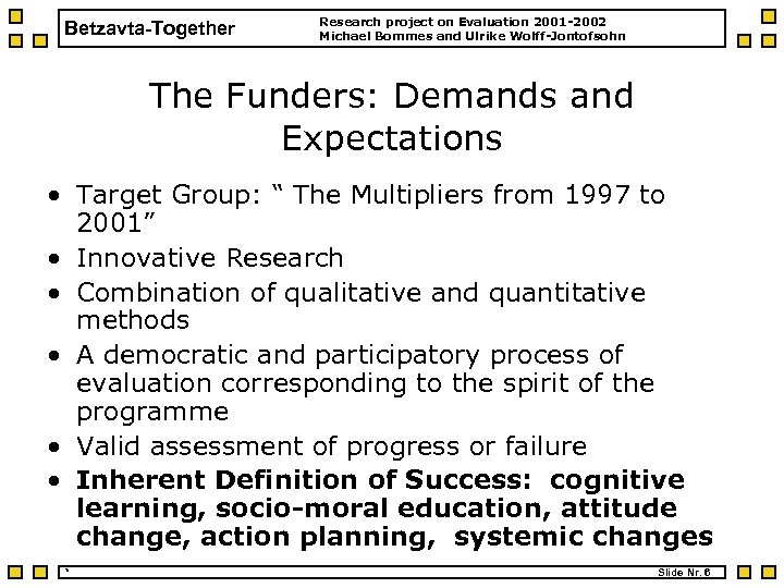 Betzavta-Together Research project on Evaluation 2001 -2002 Michael Bommes and Ulrike Wolff-Jontofsohn The Funders: