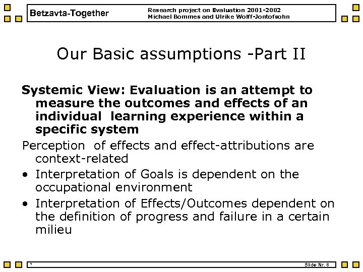 Betzavta-Together Research project on Evaluation 2001 -2002 Michael Bommes and Ulrike Wolff-Jontofsohn Our Basic