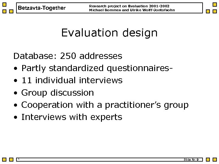 Betzavta-Together Research project on Evaluation 2001 -2002 Michael Bommes and Ulrike Wolff-Jontofsohn Evaluation design