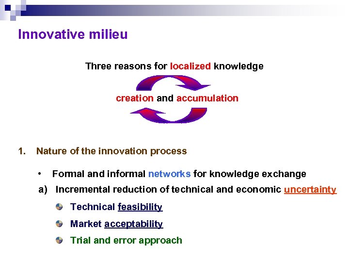 Innovative milieu Three reasons for localized knowledge creation and accumulation 1. Nature of the