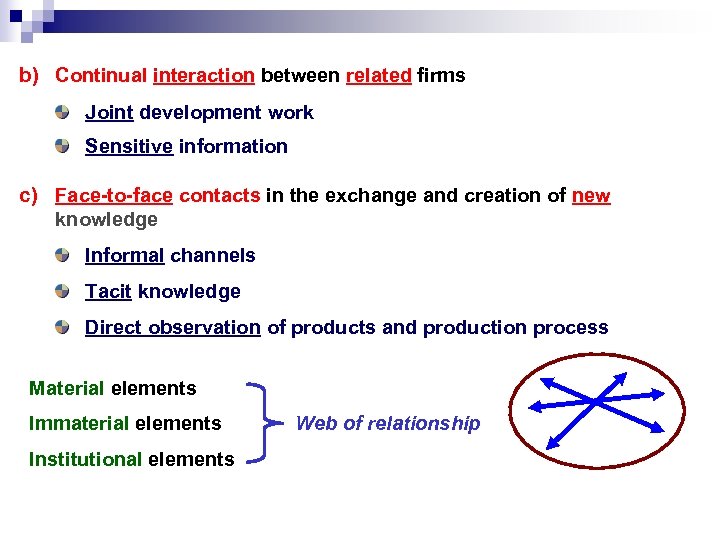 b) Continual interaction between related firms Joint development work Sensitive information c) Face-to-face contacts