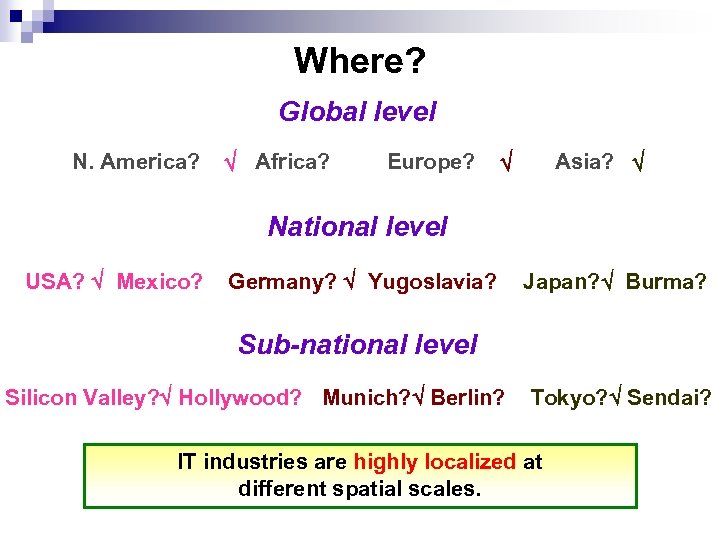 Where? Global level N. America? Africa? Europe? Asia? National level USA? Mexico? Germany? Yugoslavia?