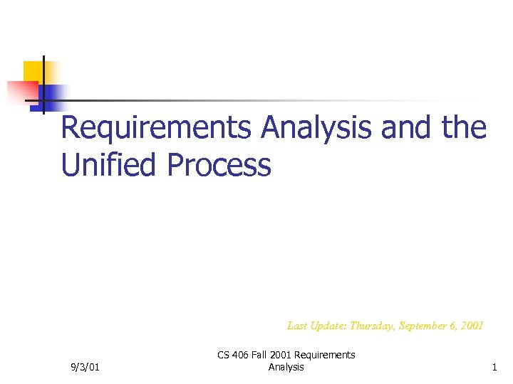 Requirements Analysis and the Unified Process Last Update: Thursday, September 6, 2001 9/3/01 CS