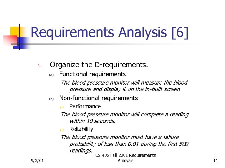 Requirements Analysis [6] 1. Organize the D-requirements. (a) (b) Functional requirements The blood pressure