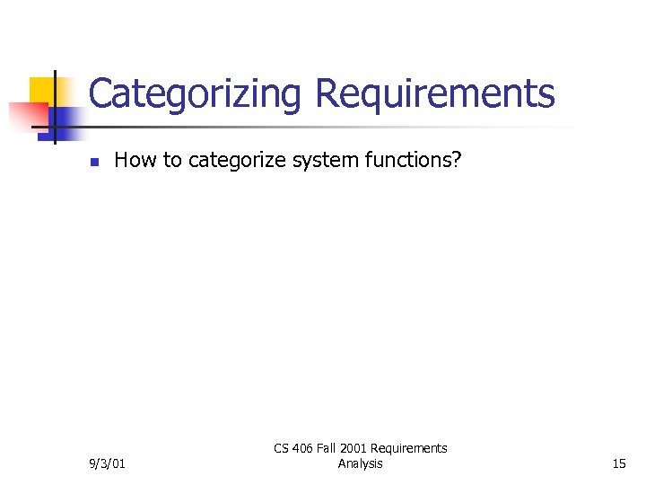 Categorizing Requirements n How to categorize system functions? 9/3/01 CS 406 Fall 2001 Requirements
