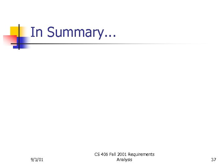 In Summary. . . 9/3/01 CS 406 Fall 2001 Requirements Analysis 37 