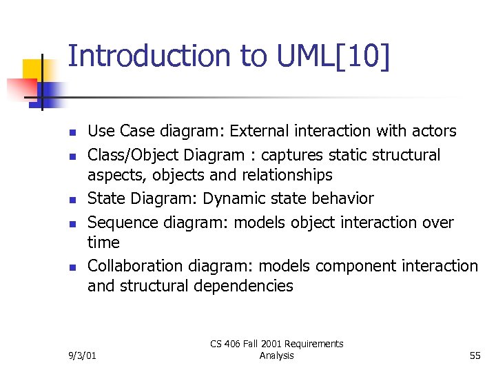 Introduction to UML[10] n n n Use Case diagram: External interaction with actors Class/Object