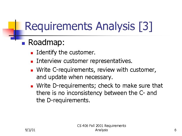 Requirements Analysis [3] n Roadmap: n n 9/3/01 Identify the customer. Interview customer representatives.