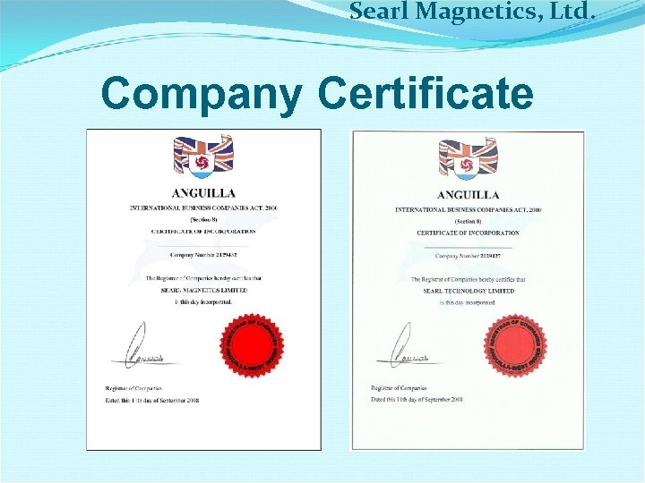 Searl Magnetics, Ltd. Company Certificate 