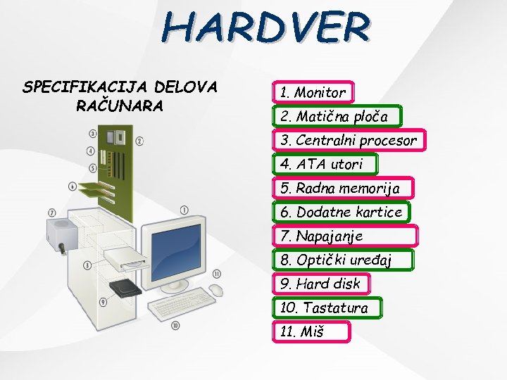 SPECIFIKACIJA DELOVA RAČUNARA 1. Monitor 2. Matična ploča 3. Centralni procesor 4. ATA utori