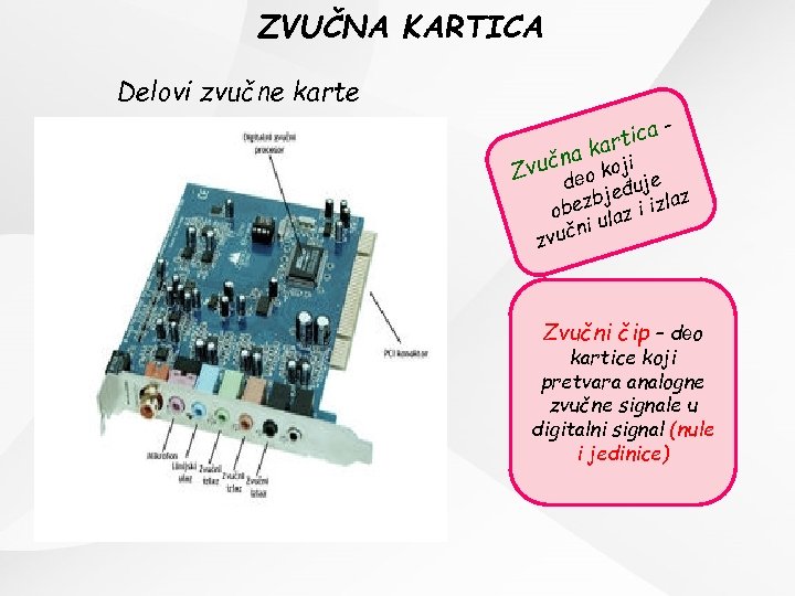 ZVUČNA KARTICA Delovi zvučne karte a– ic kart a n Zvuč deo koji je