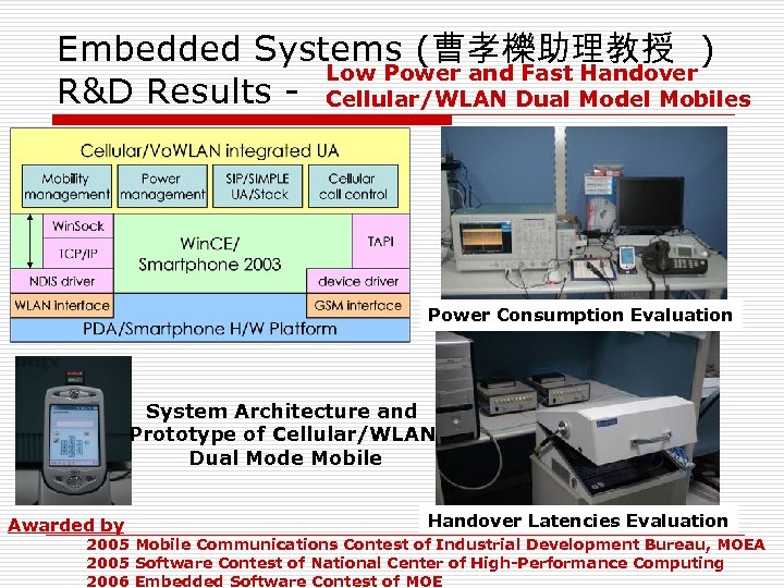 Embedded Systems (曹孝櫟助理教授 ) Low Power and Fast Handover R&D Results - Cellular/WLAN Dual