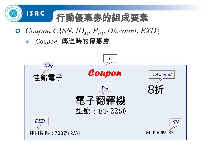 行動優惠券的組成要素 ¢ Coupon C{SN, IDM, PID, Discount, EXD} l Coupon: 傳送時的優惠券 C IDM Coupon