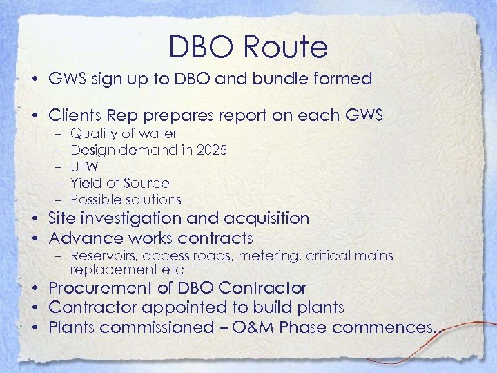 DBO Route • GWS sign up to DBO and bundle formed • Clients Rep