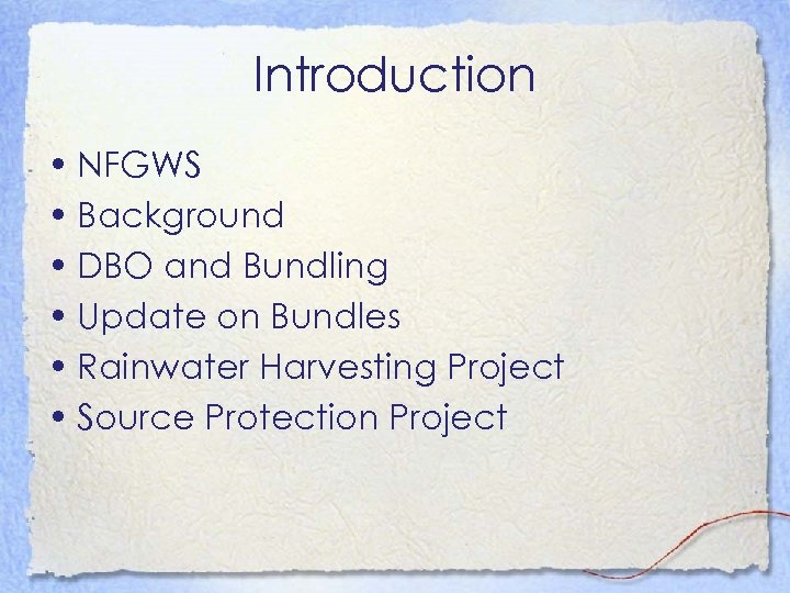 Introduction • NFGWS • Background • DBO and Bundling • Update on Bundles •