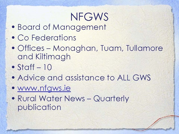 NFGWS • Board of Management • Co Federations • Offices – Monaghan, Tuam, Tullamore