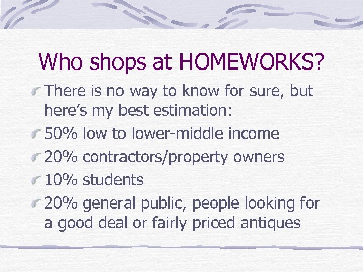 Who shops at HOMEWORKS? There is no way to know for sure, but here’s