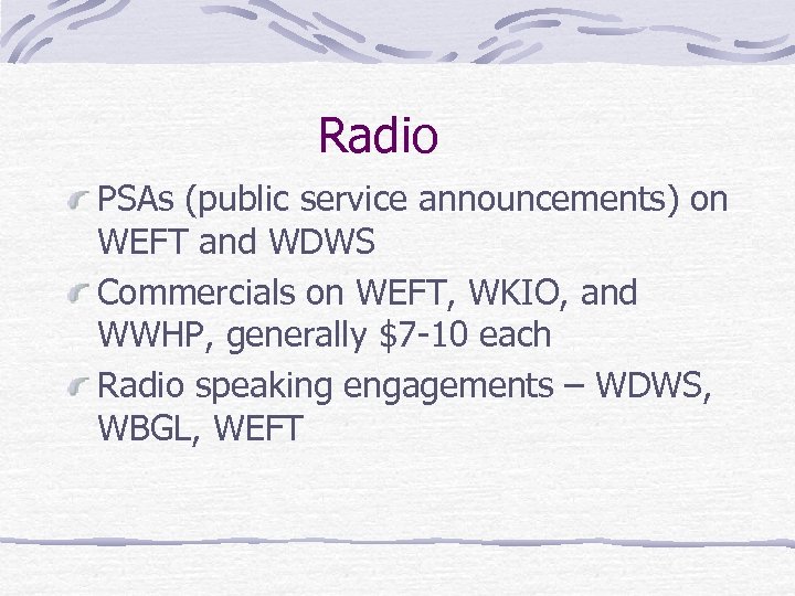 Radio PSAs (public service announcements) on WEFT and WDWS Commercials on WEFT, WKIO, and