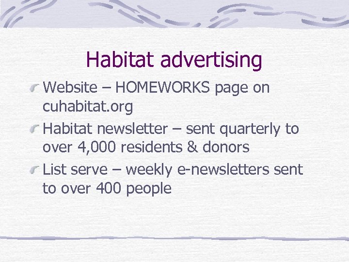 Habitat advertising Website – HOMEWORKS page on cuhabitat. org Habitat newsletter – sent quarterly