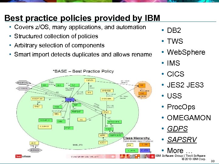 Best practice policies provided by IBM • • Covers z/OS, many applications, and automation