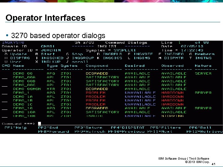 Operator Interfaces • 3270 based operator dialogs IBM Software Group | Tivoli Software ©