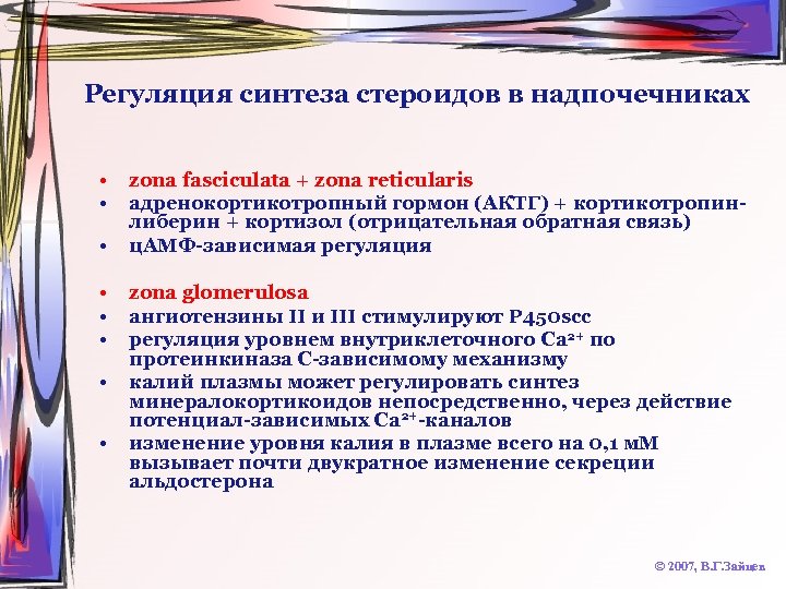 Регуляция синтеза стероидов в надпочечниках • • zona fasciculata + zona reticularis адренокортикотропный гормон