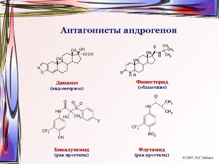 Антагонисты андрогенов Даназол (эндометриоз) Финестерид (облысение) Бикалутамид Флутамид (рак простаты) © 2007, В. Г.